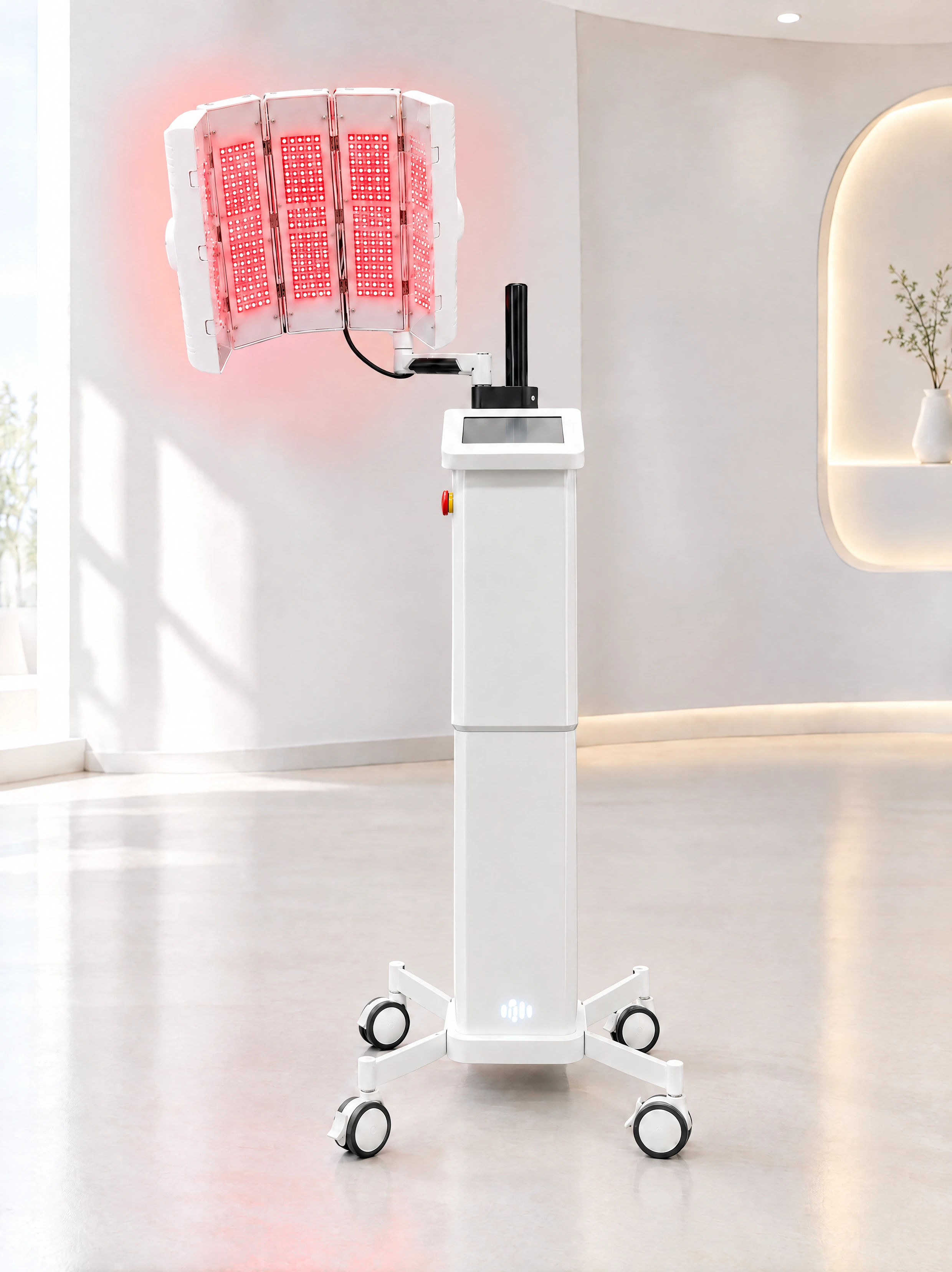 iHEAL, colonne droite, panneaux rouges et logo éclairé dans une mise en scène clinique lumineuse